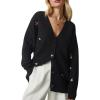 imageCHARTOU Floral Embroidered Button Down Sweaters for Women Cable Knit Sweater Cute Cardigan Fall ClothesBlack
