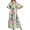 imageCHARTOU Women Boho Floral Printed Long Dress Summer Lantern Half Sleeve Beach Flowy Loose Swing SundressDark Green