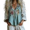 imageCHARTOU Women Boho Floral Shirts V Neck Long Sleeve Button Down Casual Loose TopBlue
