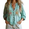 imageCHARTOU Women Boho Floral Shirts V Neck Long Sleeve Button Down Casual Loose TopCyan