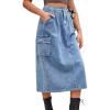 imageCHARTOU Women Casual High Waisted Denim Skirt Midi Jean Skirt Elastic Back A Line Skirt with PocketsBlue
