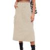 imageCHARTOU Women Casual High Waisted Denim Skirt Midi Jean Skirt Elastic Back A Line Skirt with PocketsLight Khaki