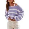 imageCHARTOU Women Color Block Stripe Sweater Lightweight Fall Outfits Loose Crop Pullover SweaterPurple