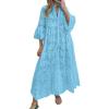 imageCHARTOU Women Cotton Eyelet Maxi Dress Embroidered Flowy Dress Boho Lace Shirt Dress Summer Tiered Swing A Line DressBlue