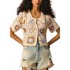 imageCHARTOU Women Cropped Crochet Floral Shirts Short Sleeve Button Down Hollow Out Cute TopsBeige