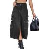 imageCHARTOU Women Denim Jean Midi Skirt Long Slit Skirt Elastic Waist A Line Skirt Y2K Cargo Skirt Mid LengthBlack
