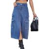 imageCHARTOU Women Denim Jean Midi Skirt Long Slit Skirt Elastic Waist A Line Skirt Y2K Cargo Skirt Mid LengthBlue
