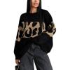 imageCHARTOU Women Fall Winter Leopard Sweater Casual Oversized Crew Neck Long Sleeve Pullover Sweater Knitted TopsBlack