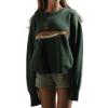 imageCHARTOU Women Fashion Crew Neck Rib Knit Crucian Carp Graphic Oversized Y2k Pullover Sweater JumperDark Green