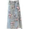 imageCHARTOU Women Floral Print Long Denim Jean Skirt Printed Midi A Line Skirt Side Slit Denim Jean Flare SkirtBlue