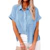imageCHARTOU Women Linen Button Down Shirt Lightweight Short Sleeve T Shirt Blouse Summer TopLight Blue