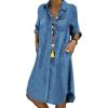 imageCHARTOU Women Long Sleeve Denim Button Up Shirt Dress Midi Jean DressBlue
