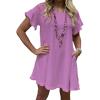 imageCHARTOU Women Loose Linen Mini Dress Summer Modest Frayed T Shirt Dress Flowy Ruffle Short Sleeve Shift Dress PocketPurple