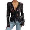 imageCHARTOU Women Sexy Lace Shirt Front BowTie Sheer See Through Blouse Mesh TopsBlack