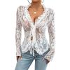imageCHARTOU Women Sexy Lace Shirt Front BowTie Sheer See Through Blouse Mesh TopsWhite