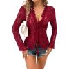 imageCHARTOU Women Sexy Lace Shirt Front BowTie Sheer See Through Blouse Mesh TopsWine