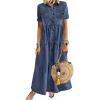 imageCHARTOU Women Short Sleeve Denim Maxi Dress Long Jean Dress Flowy Button Down Shirt Tiered Dress Summer SundressDark Blue
