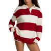 imageCHARTOU Women Spring Fall Stripes Pullover Sweatshirt Polo Collar Long Sleeve Oversized Pullover Shirt TopsRed