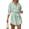 imageCHARTOU Women Summer Causal Stripe Tunic Dress Loose Button Down Shirt Short Dress with BeltGreen