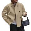 imageCHARTOU Women Winter Stand Collar Wool Blend Jacket Double Breasted Pea Coat Button Cropped Trench Coat OvercoatApricot