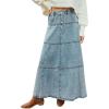 imageCHARTOU Womens Boho A Line Tiered Long Jean Skirt Elastic High Waist Retro Button Big Hem Denim SkirtsBlue