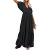 imageCHARTOU Womens Boho Ruffle Sleeve Flowy Maxi Dress Lace Up Back Tiered Party A Line DressBlack
