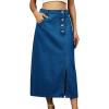 imageCHARTOU Womens Buttons Side Slit Midi Denim Skirt A Line Mid Long Jean Skirt with PocketsDark Blue