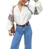 imageCHARTOU Womens Casual Button Down Embroidered Top Long Sleeve Tunic Blouse Shirt Boho Loose V Neck Crop TopWhite
