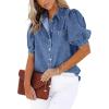 imageCHARTOU Womens Casual Washed Distressed Puff Sleeve Denim Snap Button Shirt Jean Jacket CoatBlue