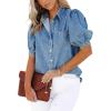 imageCHARTOU Womens Casual Washed Distressed Puff Sleeve Denim Snap Button Shirt Jean Jacket CoatLight Blue