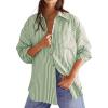 imageCHARTOU Womens Dressy Striped Button Up Shirts Collared Long Sleeve Blouse Casual V Neck Oversized TopsGreen
