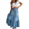 imageCHARTOU Womens High Waist Tiered Denim Maxi Skirt Ruffle Buttons Flowy Boho Pleated Long Jean SkirtsBlue