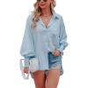 imageCHARTOU Womens Oversized Spread Collar Stripes Bishop Sleeve Sheer Blouse ShirtBlue