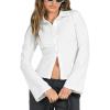 imageCHARTOU Womens Stripe Button Up Y2k Shirt Cropped Flare Long Sleeve Blouse Polo Collar Business Casual TopsBeige
