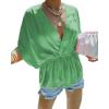 imageCHARTOU Womens Summer Plunge V Neck BatWing Short Sleeve ElasticWaist Peplum Shirt BlouseGreen
