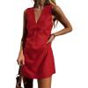 imageCHARTOU Womens Summer Sleeveless Mini Dress Cotton Linen V Neck Cinched A Line Slim Tank Short DressRed
