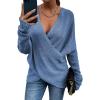 imageCHARTOU Womens Trendy V Neck Crisscross Knitted Sweater Pullover KnitwearBlue