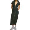 imageCHARTOU Womens V Neck Button Up Cotton Midi Dress Slim Waist Smocked Textured Short Sleeve Sun DressBlack