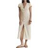 imageCHARTOU Womens V Neck Button Up Cotton Midi Dress Slim Waist Smocked Textured Short Sleeve Sun DressLight Yellow