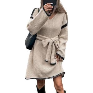 imageCHARTOU Causal Loose Straight Fit Sweater Dress for Women Fall 2025 Outfit Contrast Jumper Knit Sweater with BeltApricot