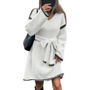 imageCHARTOU Causal Loose Straight Fit Sweater Dress for Women Fall 2025 Outfit Contrast Jumper Knit Sweater with BeltWhite