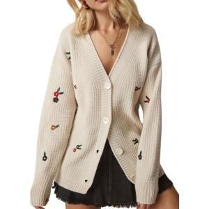 imageCHARTOU Floral Embroidered Button Down Sweaters for Women Cable Knit Sweater Cute Cardigan Fall ClothesBeige