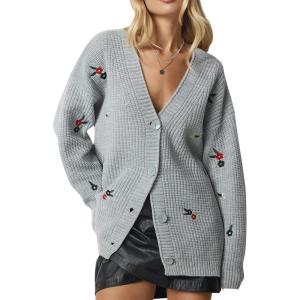 imageCHARTOU Floral Embroidered Button Down Sweaters for Women Cable Knit Sweater Cute Cardigan Fall ClothesGrey