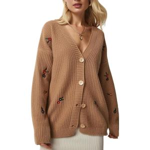 imageCHARTOU Floral Embroidered Button Down Sweaters for Women Cable Knit Sweater Cute Cardigan Fall ClothesKhaki