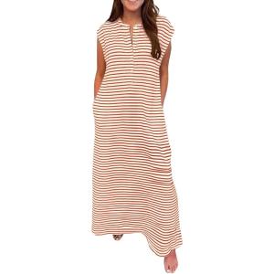 imageCHARTOU Loose Striped Flowy Long Dress for Women Summer Comfy Sleeveless Henley T Shirt Dress with PocketsBrown