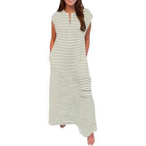 imageCHARTOU Loose Striped Flowy Long Dress for Women Summer Comfy Sleeveless Henley T Shirt Dress with PocketsGreen