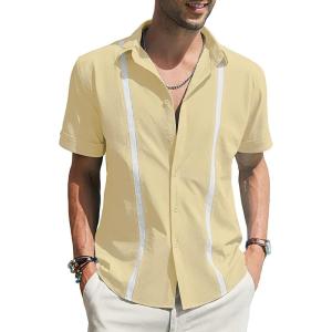 imageCHARTOU Mens Casual Cotton Linen Cuban Striped Button Down Guayabera ShirtApricot