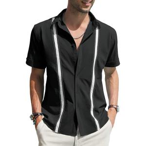 imageCHARTOU Mens Casual Cotton Linen Cuban Striped Button Down Guayabera ShirtBlack