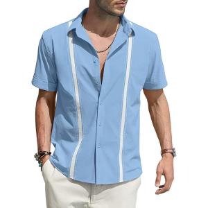 imageCHARTOU Mens Casual Cotton Linen Cuban Striped Button Down Guayabera ShirtLight Blue