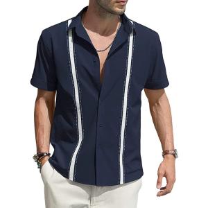 imageCHARTOU Mens Casual Cotton Linen Cuban Striped Button Down Guayabera ShirtNavy Blue
